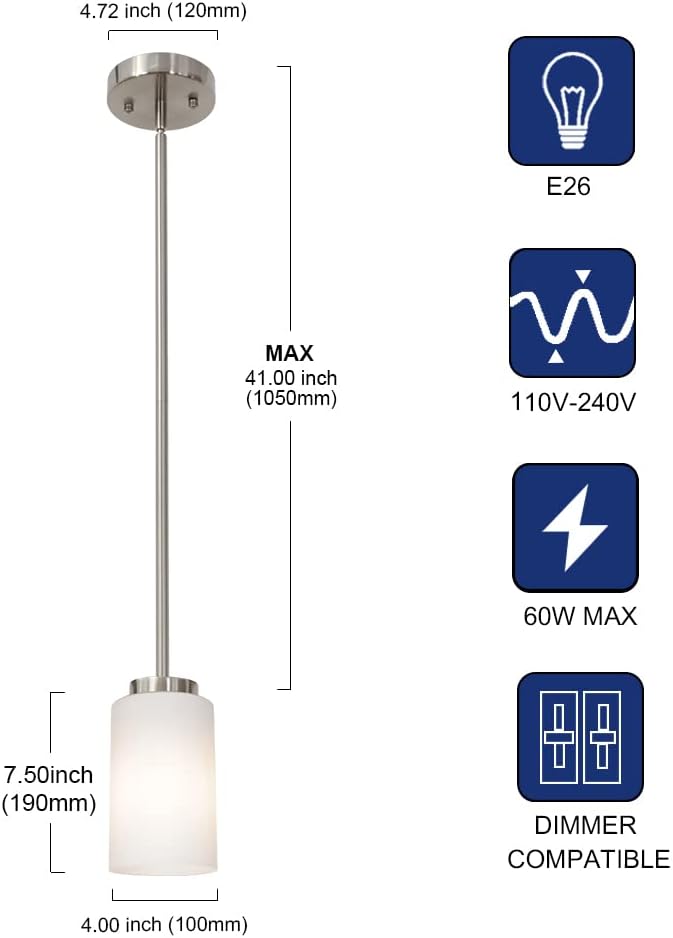 1-Light Farmhouse Chandelier Pendant Light Fixtures with Opal White Shades, Hanging Ceiling Pendant Lighting Brushed Nickel for Kitchen Dining Room Study