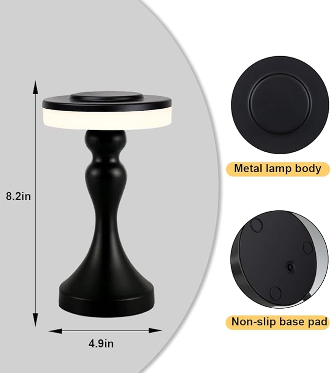 Portable Metal LED Table Lamp,Cordless Battery Table Lamp,3 Color Touch Control Rechargeable Desk Lamp,3-Levels Brightness Bedside Battery Lamp,Night Light for Kids Nursery,Dining Room Lamp