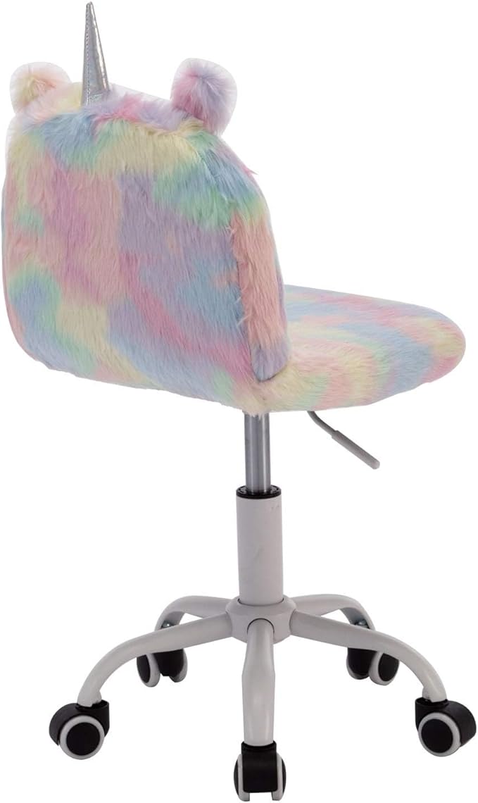 Cute Fuzzy Kids Chair Funny Rolling Study Desk Chair Colorful Girls Vanity Swivel Chair with White Foot