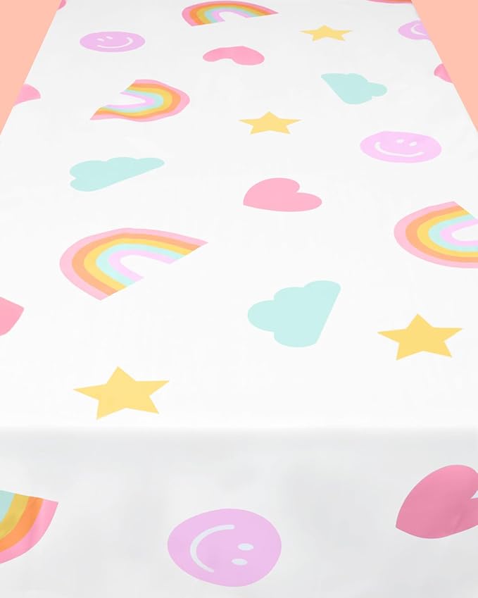 xo, Fetti Smiley Face Disposable Tablecloth - 9ft. | Rainbow Birthday Decorations, Pastel Table Cover, Preppy Girls Table Cloth, Unicorn Bday, Pink Happy Birthday Party
