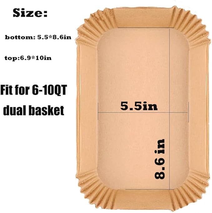 100 Pcs Air Fryer Parchment Paper Liners,8.6X5.5 In Rectangle Air Fryer Liners Disposable for Dual Basket 6-10 QT, DZ201-DZ401-DZ071 Air Fryer Frying,Baking,Roast