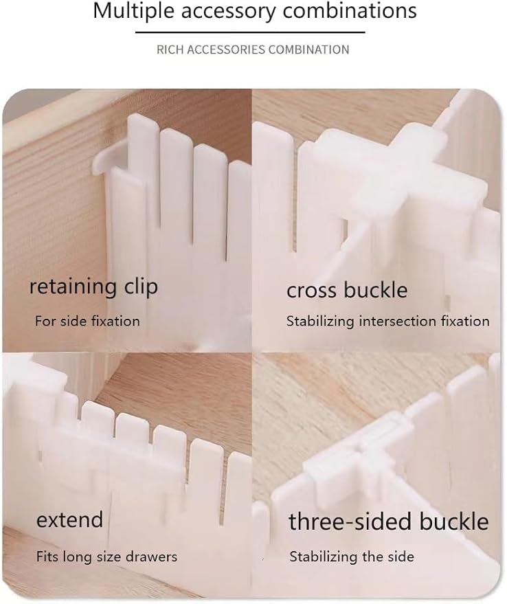 (Plastic Divider + Combination Accessories) Drawer Divider DIY Drawer Organizer No Cut Socks Medicine Cosmetics Small Items Underwear Tie Desktop Organizer (10 pcs 16x2.7 inches + 30 accessories)