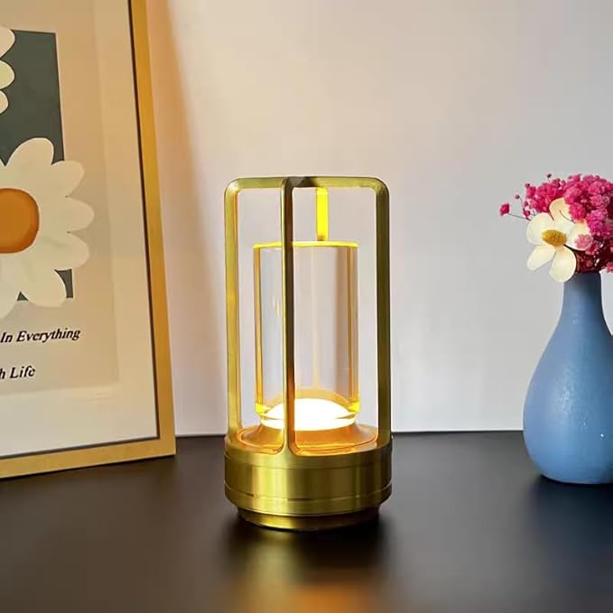 Portable Cordless Table Lamp, 4000mAh Lumisom Klarako Crystal Lantern, Rechargeable Metal Table Lamp, 3 Colors Stepless Dimming Touch, Table Light for Restaurant/Bedroom/Bars/Outdoor Party/Camping