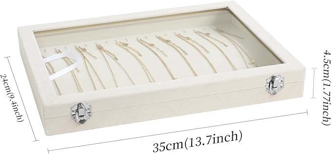 Wudygirl Necklace Organizer with Clear Glass Lid Stackable Jewelry Organizer Tray with 20 Hooks for Necklace Bracelet(Beige Necklace Box)