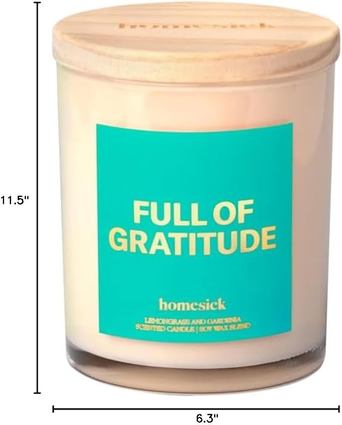 Homesick Scented Candles for Home (Full of Gratitude) - 7.5 oz Long-Lasting Natural Soy Wax Blend Jar Candle Gift for Women & Men, 30-35 Hours Burn Time - Notes of Lemongrass & Gardenia