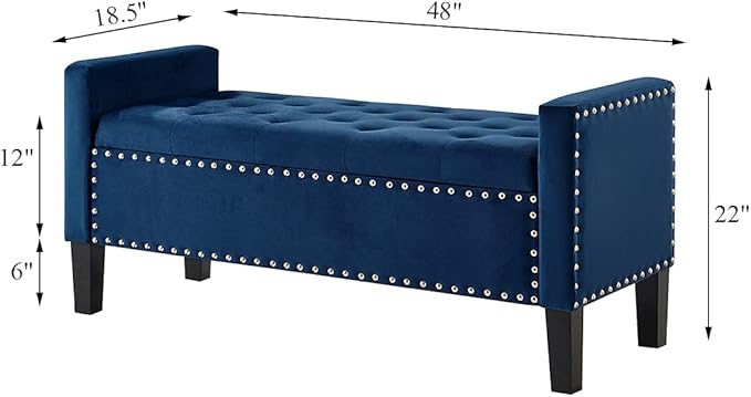 24KF Velvet Modern Upholstered Tufted Button Storage Bench with Arms for Bedroom,Entryway Living Room Soft Padded Seat-Navy