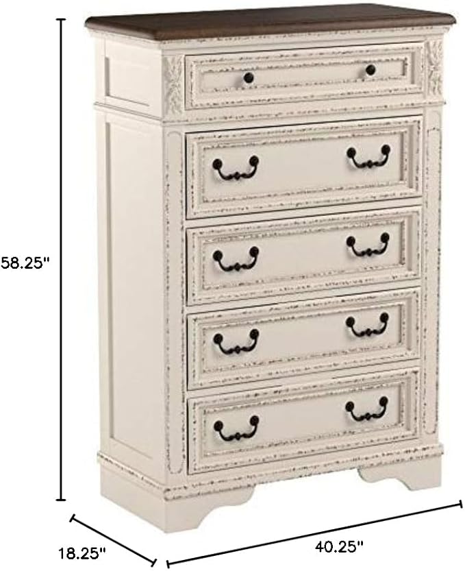 Signature Design by Ashley Realyn French Country 5 Drawer Chest, Tipover Restraint Device, 2-tone Finish, Wood, 40.13" W x 18.13" D x 58.13" H, Chipped White
