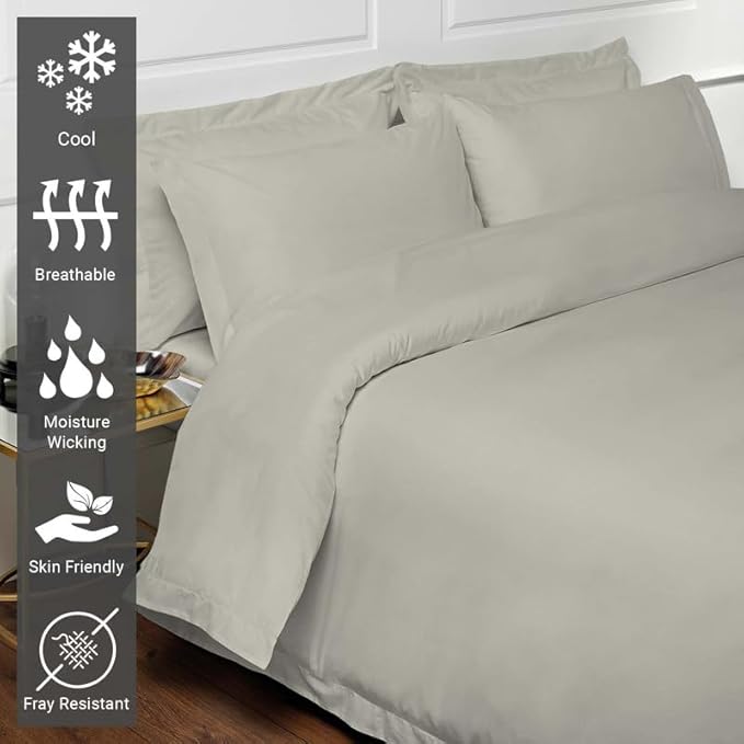 Pizuna Pure 100% Cotton Queen Duvet Cover Set, Luxurious 400 Thread Count Long Staple Cotton Sateen Weave with Button Closure (Combed Silver Cotton Duvet Cover Queen)