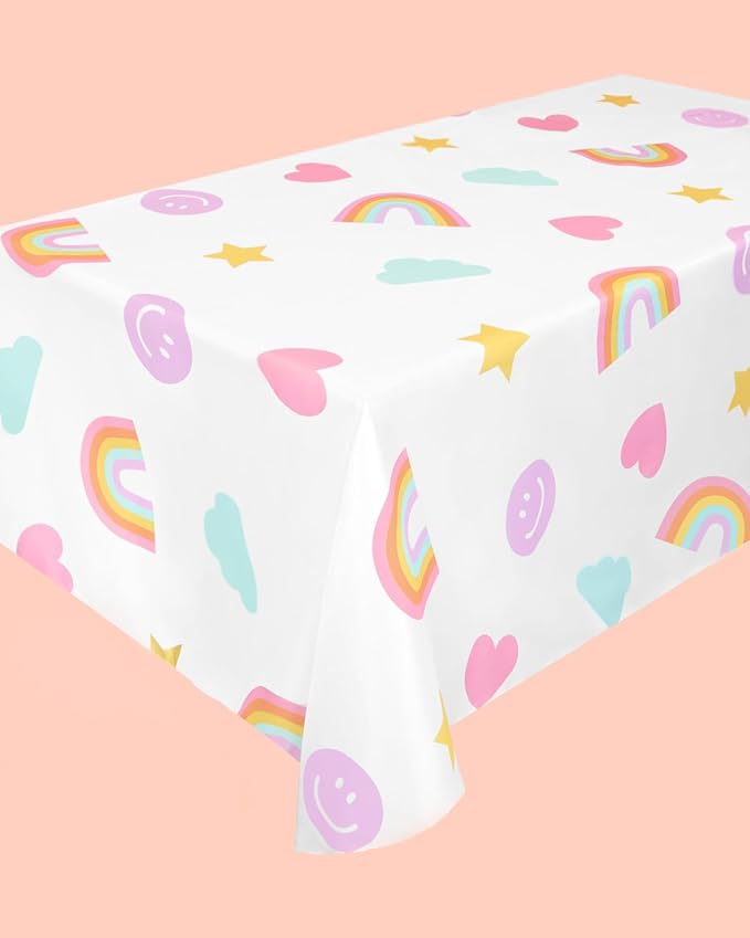 xo, Fetti Smiley Face Disposable Tablecloth - 9ft. | Rainbow Birthday Decorations, Pastel Table Cover, Preppy Girls Table Cloth, Unicorn Bday, Pink Happy Birthday Party