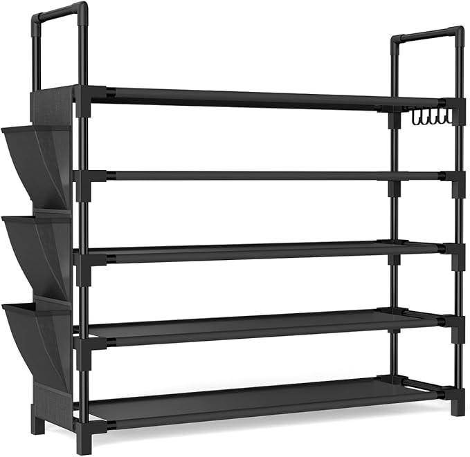 5 Tier Shoe Rack, Shoe Organizer Storage for 20-25 Pair Boot and Sneaker, Stackable Free Standing Shoe Shelf with Hooks and Side Pocket, Space Saving Shoes Rack for Closet, Entryway