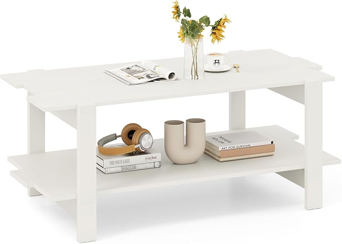 Giantex Coffee Table with Storage, 45 Inch Modern Center Table with Slatted Design & Side Rail Support, Rectangular Living Room Table for Small Spaces, White