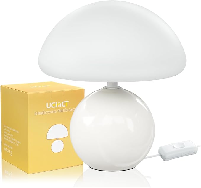 Ceramic Mushroom Lamp, Cute Mini Bedside Lamp for Aesthetic Room Decor, Dimmable Small Glass Night Light for Bedroom Living Room, Vintage Unique Table Lamp for Nightstand, White Mushroom Light