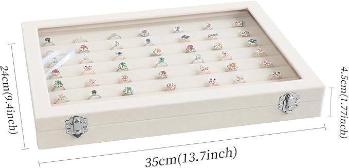 Wudygirl Ring Display with Clear Lid Organizer and Showcase Rings Box with 7 Slots Jewelry Tray for Drawer Velvet Rings Holder Accessories Storage (Beige Velvet)