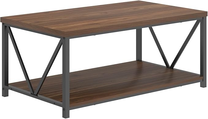 FOLUBAN Coffee Table, Modern Center Table with Storage Shelf, Rustic Wood and Metal Cocktail Table for Living Room, 39.3 Inch Walnut