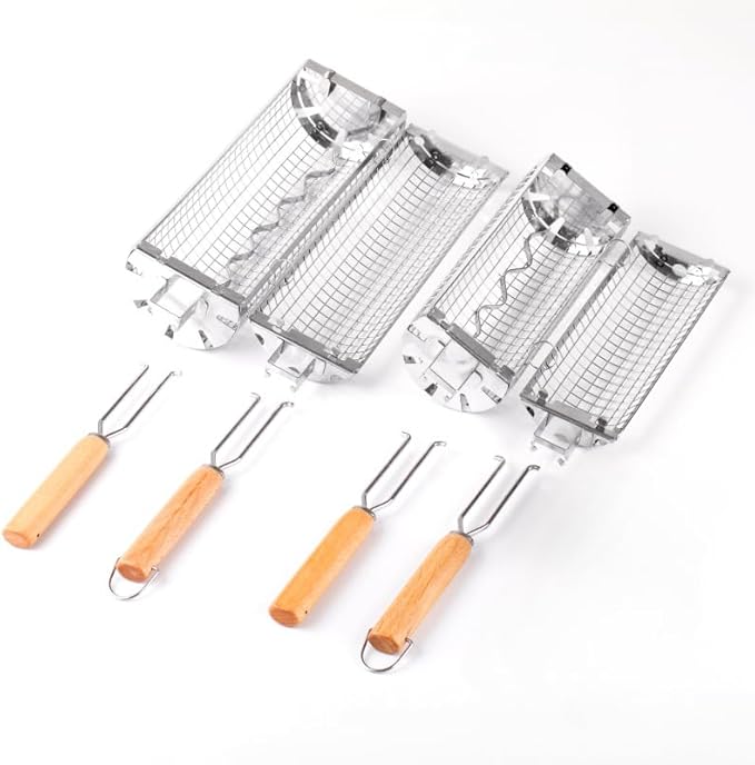 Rolling Grill Basket(2PCS),304 Stainless Steel, BBQ Grill Basket, Wooden Handle,Flip Rolling Cage, BBQ Accessories Tool for Vegetable Shrimp, Outdoor Cooking & Camping BBQ, Ideal Gift for Men, Dad