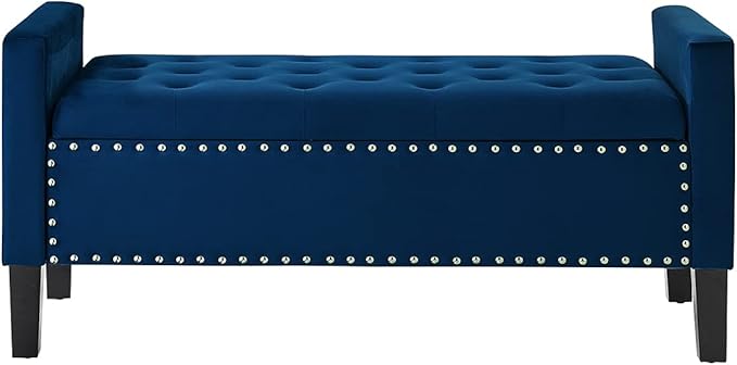 24KF Velvet Modern Upholstered Tufted Button Storage Bench with Arms for Bedroom,Entryway Living Room Soft Padded Seat-Navy