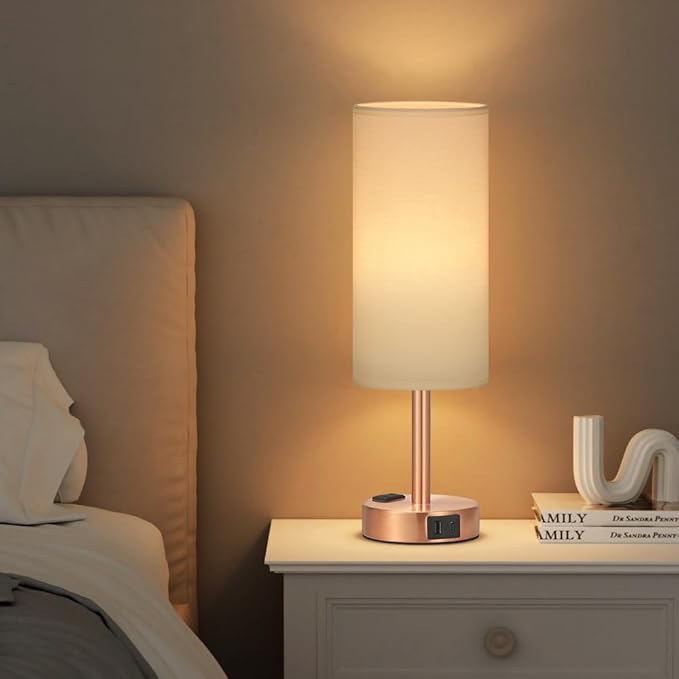Bronze Nightstand Bedroom Lamp - 3 Way Dimmable Bedside Lamp USB C A Charging Ports and AC Outlet, Small Table Lamp White Linen Lampshade for Desk, LED Bulb Included