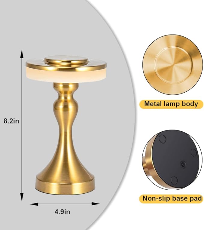 Portable Metal LED Table Lamp,Cordless Battery Table Lamp,3 Color Touch Control Rechargeable Desk Lamp,3-Levels Brightness Bedside Battery Lamp,Night Light