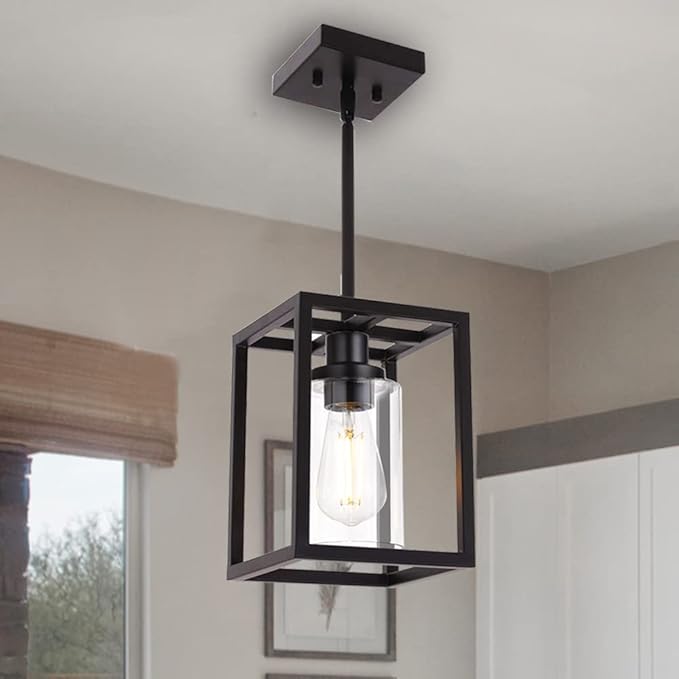 VINLUZ 1 Light Single Pendant Lighting Fixture in Matte Black Finish,Classic Farmhouse Chandelier with Clear Glass Shade Hanging Ceiling Light