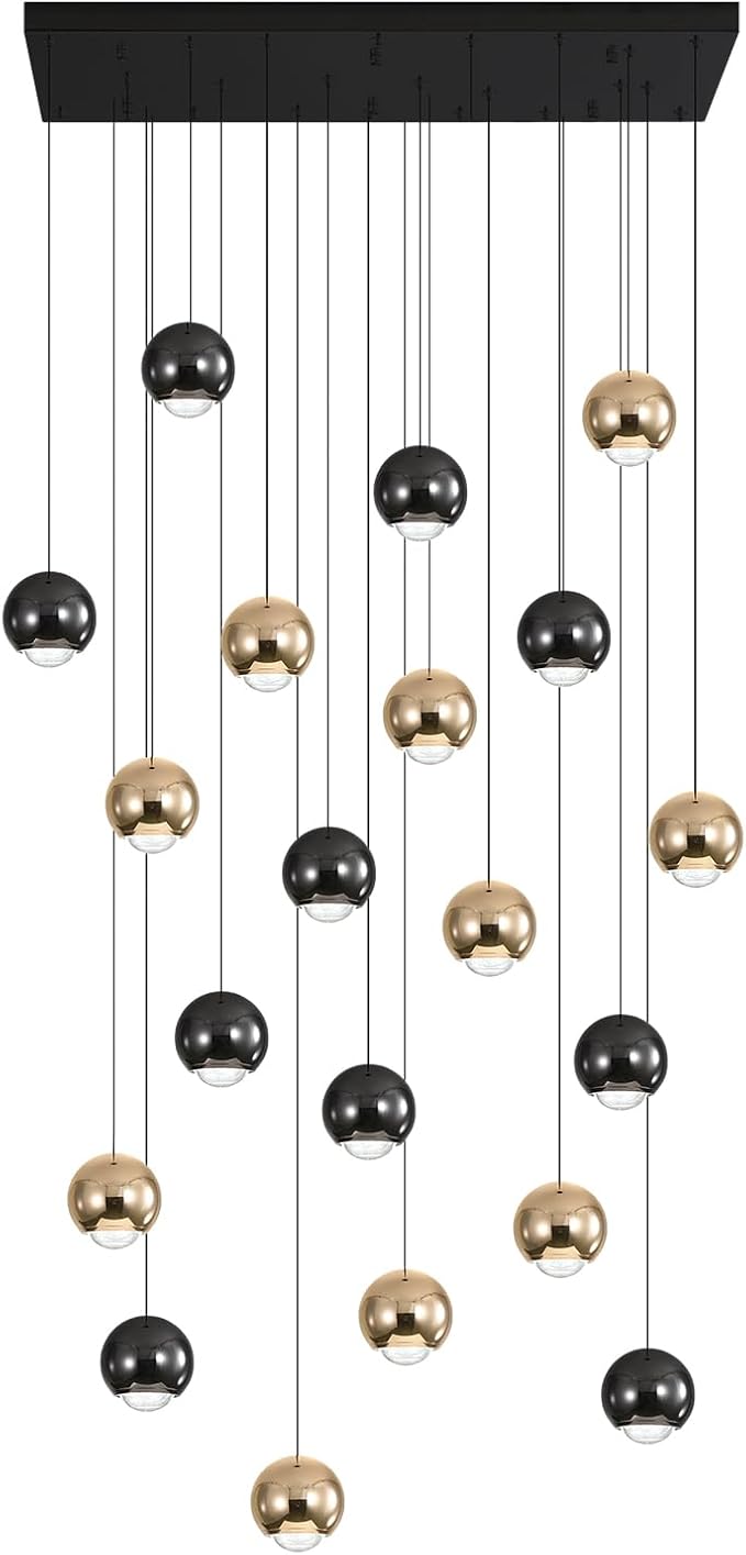 Rectangular Chandelier Crystal Balls Chandeliers Flush Mount Ceiling Light for Dining Room Living Room High Ceiling Chandelier for Staircase Foyer Entryway Black and Gold Chandeliers 2700k-6000k