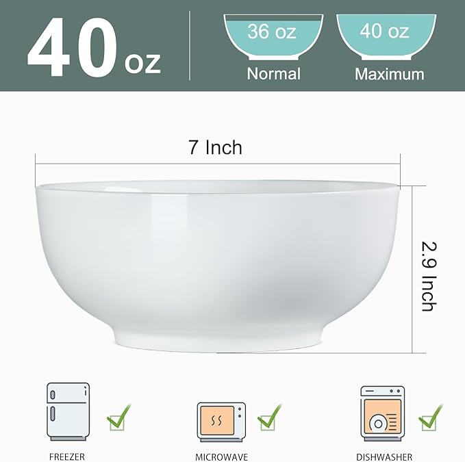 Zscera 40 oz Soup Bowls, Pho Bowls, Salad Bowls, Cereal Bowls, Durable Porcelain Off White Bowls Set of 4, 7 Inch