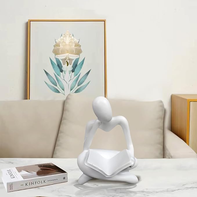 Thinker Statue Reading Women Figurine Abstract Art Sculpture Home Decor Modern White Decor Accents White Thinker Figurines for Living Room Shelves Bookshelf Office Shelf Desktop Decor