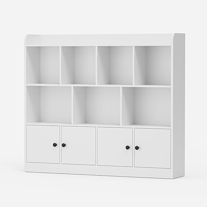 2 in 1 Large Toy Organizer and Storage, 4 Tier Kids Bookshelf with 11 Storage Cubbies, Wooden Storage Cabinet Daycare Furniture for School, Classroom, Playroom, Nursery, Kindergarten, White