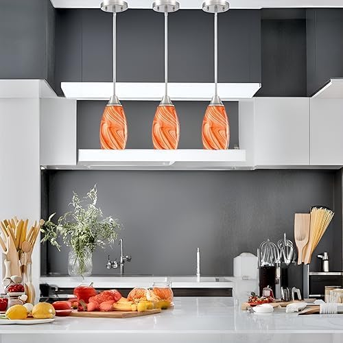 Mini Glass Pendant Light 4.72" with Handblown Orange Marble Art Glass Hanging Light 3-Pack Oval Ceiling Hanging Light Fixture for Dining Room Kitchen Island Cafe Foyer Hallway