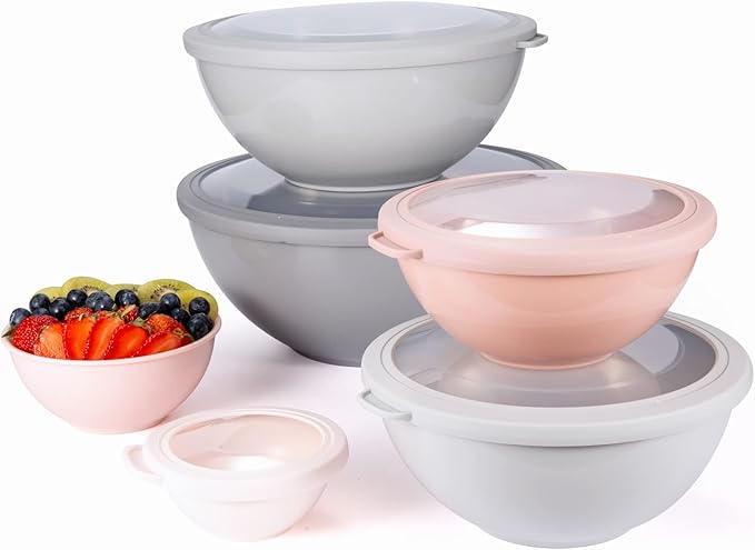 COOK WITH COLOR Mixing Bowls with TPR Lids - 12 Piece Plastic Nesting Bowls Set includes 6 Prep Bowls and 6 Lids, Microwave Safe Mixing Bowl Set (Pink Ombre)