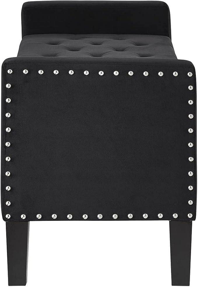 24KF Velvet Modern Upholstered Tufted Button Storage Bench with Arms for Bedroom,Entryway Living Room Soft Padded Seat-Black
