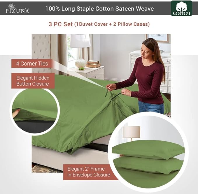 Pizuna Pure 100% Cotton King Duvet Cover Set, Luxurious 400 Thread Count Long Staple Cotton Sateen Weave with Button Closure (Combed New Green Cotton Duvet Cover King)