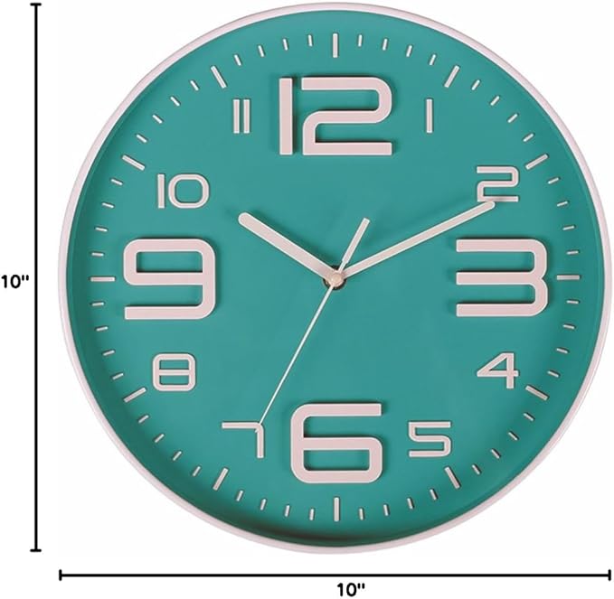 Zaoniy Non-Ticking Silent Quartz Wall Clock with Big 3D Number Modern Design Quiet Sweep Movement Indoor Decorative for Living Room Kitchen Wall Clocks Battery Operated 10-Inch (Bluegreen)