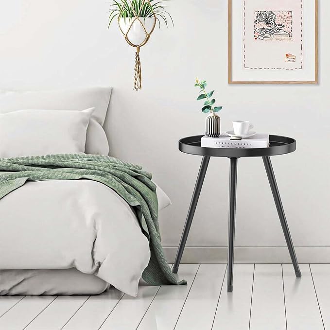 Stylish Round End Table - Small Side Table, Mini Metal Bedside Table for Living Room, Bedroom, Sofa Side - Modern Black Decor for Small Spaces