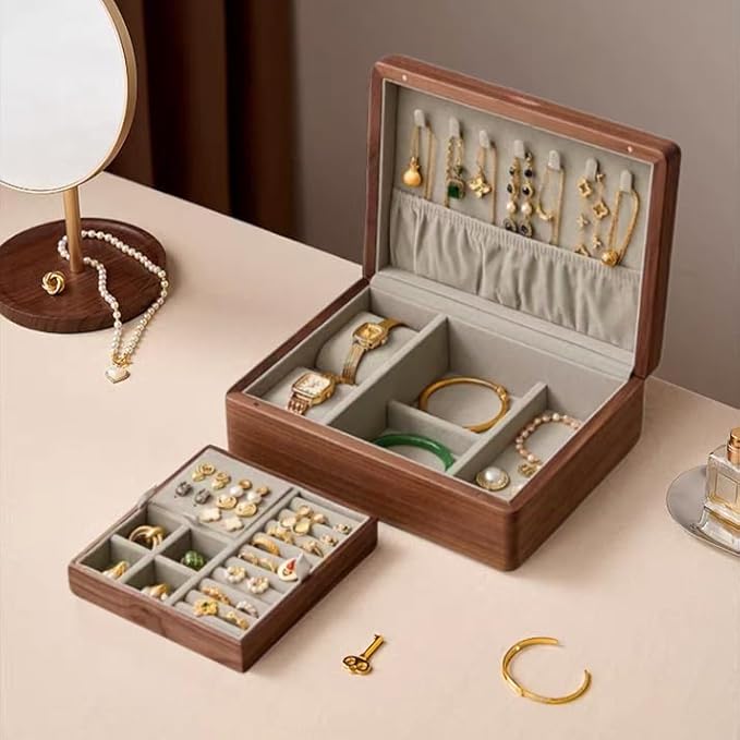 Bescott 2 Layer Solid Black Walnut Wooden Jewelry Box for Women Wood Vintage Organizer for Men Earrings Rings Necklaces Bracelet Watch Storage Mother's Day Gift