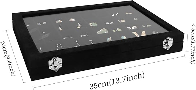Wudygirl 40 Grid Jewelry Organizer Tray for Earrings Rings Bracelets Storage Necklaces Display Large Jewelry Box with Clear Lid Multiple Compartments Drawer Organization (Black Velvet)