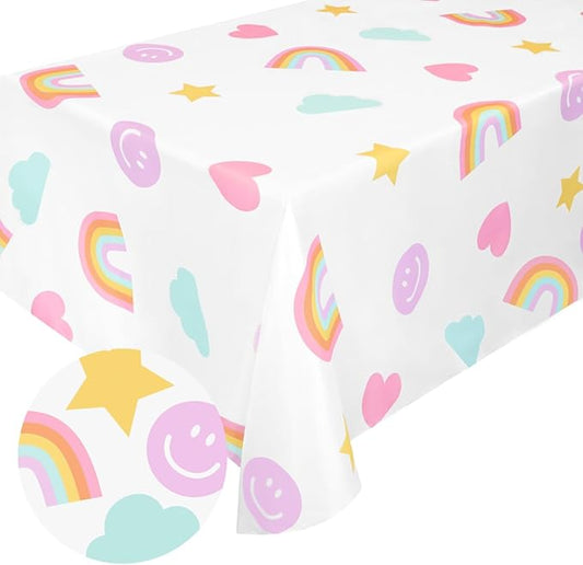 xo, Fetti Smiley Face Disposable Tablecloth - 9ft. | Rainbow Birthday Decorations, Pastel Table Cover, Preppy Girls Table Cloth, Unicorn Bday, Pink Happy Birthday Party