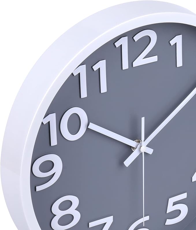 Wall Clock 12 Inch Silent Non-Ticking Battery Operated Clock Big Numbers Easy to Read Wall Clocks Decorative for Bathroom Office Kitchen Bedroom (Gray)