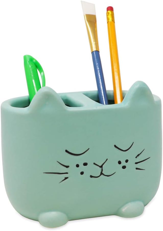 Isaac Jacobs Blue Ceramic Cat Makeup Brush Holder, Multi-Purpose 2-Section Organizer. Bathroom, Kitchen, Bedroom, Office Décor (2-Section Cup, Pastel Blue)