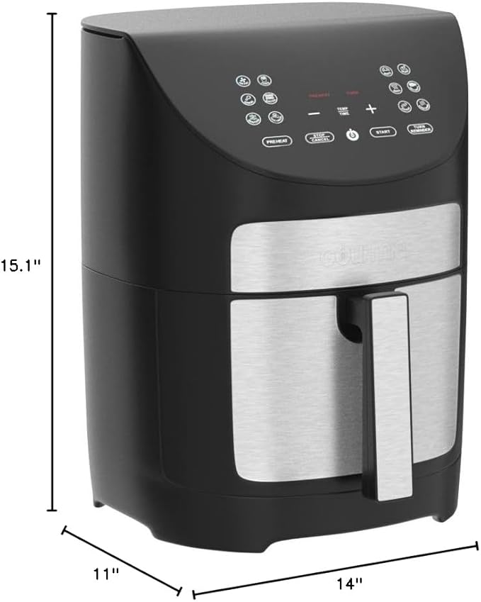 Gourmia Digital Air Fryer – 7 QT, FryForce 360° Technology, 10 Presets, Guided Cooking Prompts, Auto Shut-Off, Dishwasher Safe Basket, 1500W, black/Stainless Steel