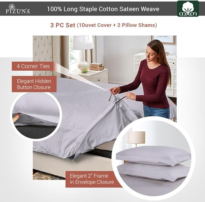 Pizuna Pure 100% Cotton Full Duvet Cover Set, Luxurious 400 Thread Count Long Staple Cotton Sateen Weave with Button Closure (Combed Violet Grey Cotton Duvet Cover Full)