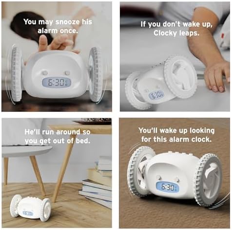 CLOCKY Extra Loud Alarm Clock for Heavy Sleepers on Wheels Rolls Runs Away Vibrating, Easy to Set Super Smart Snooze Digital Bed Shaker Alarm Clock Funny Gift for Adults Kids Teens Bedrooms (White)