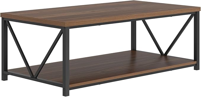 FOLUBAN Modern Coffee Table, Wood and Metal Center Table with Storage, Industrial Cocktail Table for Living Room, Rustic Walnut, 47 Inch