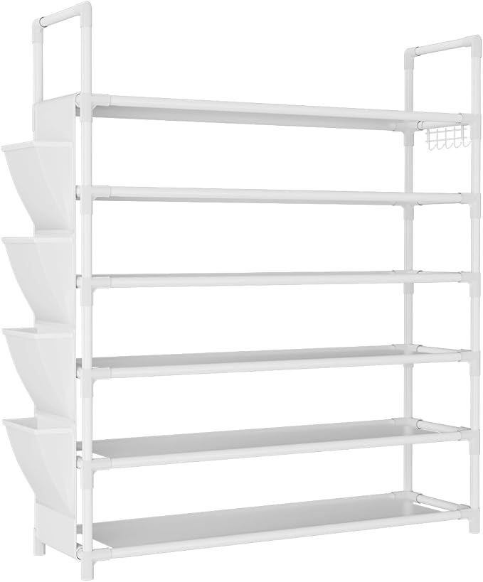6 Tier Shoe Rack Storage for 24-30 Pairs Shoe and Boot, Shoe Organizer with Hook and Side Pocket Free Standing Long Shoe Shelf Tall Shoe Rack Organizer for Closet, Entryway, Dorm, White