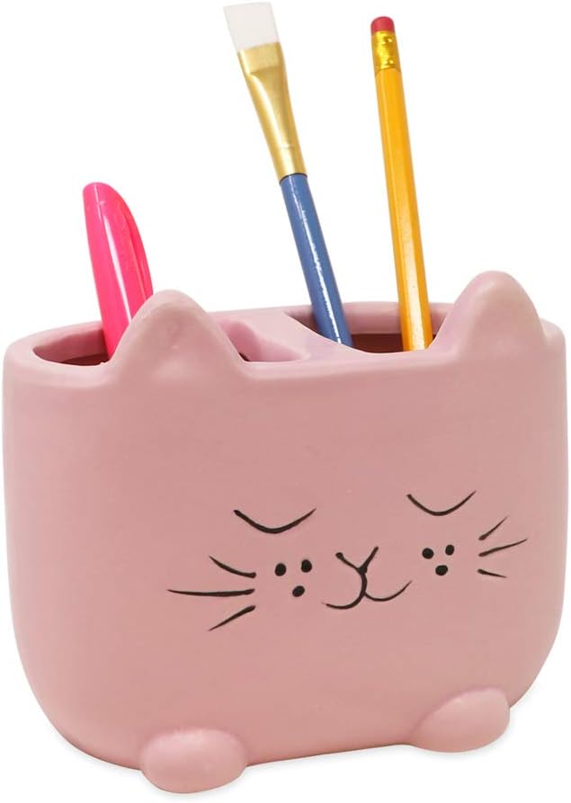 Isaac Jacobs Pink Ceramic Cat Makeup Brush Holder, Multi-Purpose 2-Section Organizer. Bathroom, Kitchen, Bedroom, Office Décor (2-Section Cup, Pastel Pink)
