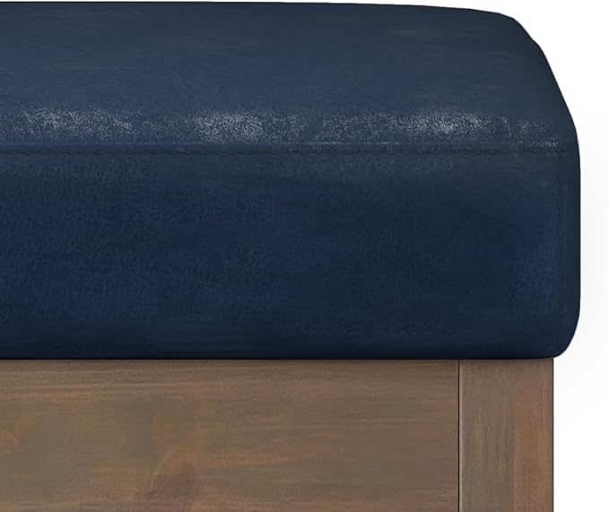 SIMPLIHOME Milltown 27 inch Wide Contemporary Rectangle Footstool Ottoman Bench in Distressed Dark Blue Vegan Faux Leather, Assembled, for the Living Room and Bedroom