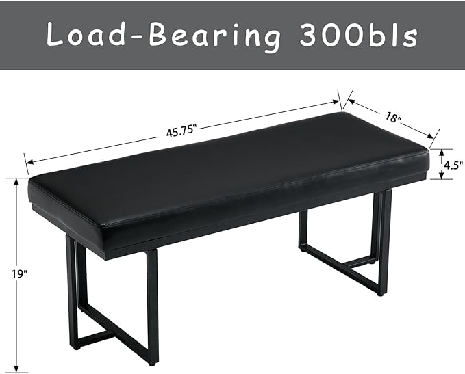 45" Modern Ottoman Bench for Bedroom, Black Faux Leather Upholstered Entryway Bench with Soft Cozy Cushion End of Bed Bench Kitchen Bench with Black Metal Frame for Living Room/Window/Hallway