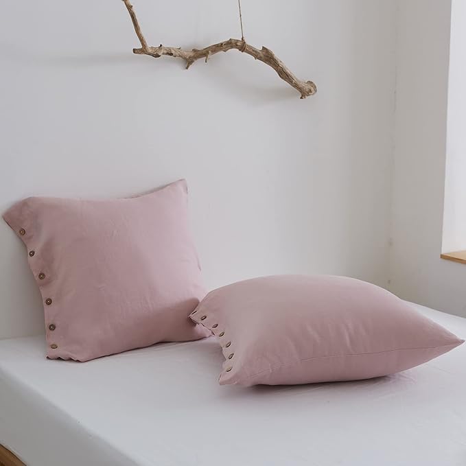 Simple&Opulence 100% Washed Linen Euro Sham Cover, 26 x 26 Inch, Decorative Bed Pillow Cover with Coconut Button, Solid Color Pillow Shams Set of 2 (Blush Pink)