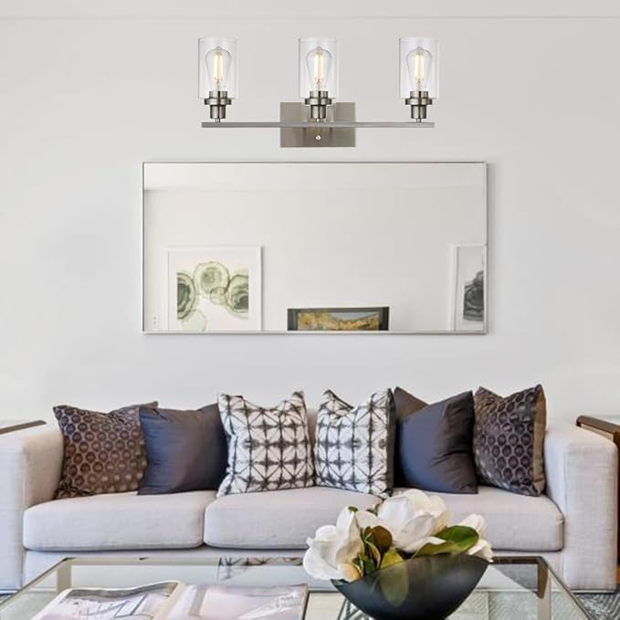 MELUCEE 3 Lights Wall Sconce Brushed Nickel Finished Modern Bathroom Vanity Light Fixtures with Clear Glass Shade Suit for Porch Bedroom Foyer Kitchen (Patent No.: US D963914 S)