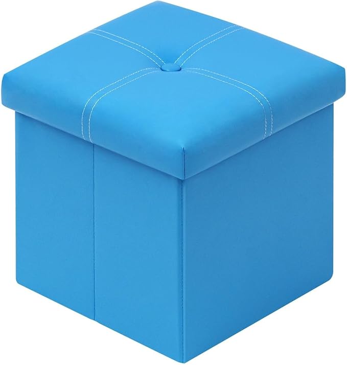 B FSOBEIIALEO Folding Storage Ottoman, Faux Leather Footrest Seat Coffee Table Toy Chest Kids, Blue 11.8"x11.8"x11.8"