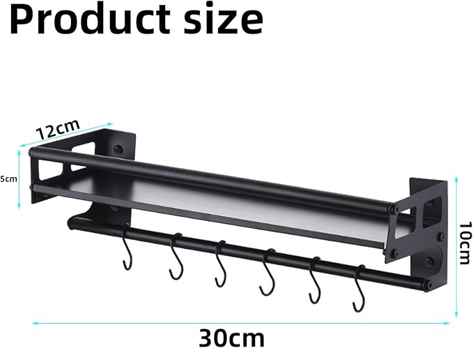 Wall Mount Storage Holder,Stainless Steel Strong Shelf with 6 Removable Hooks, Spice Rack Organizer,Kitchen Organizer Shelf, Space Saving Spice Rack and Kitchen Storage (black)
